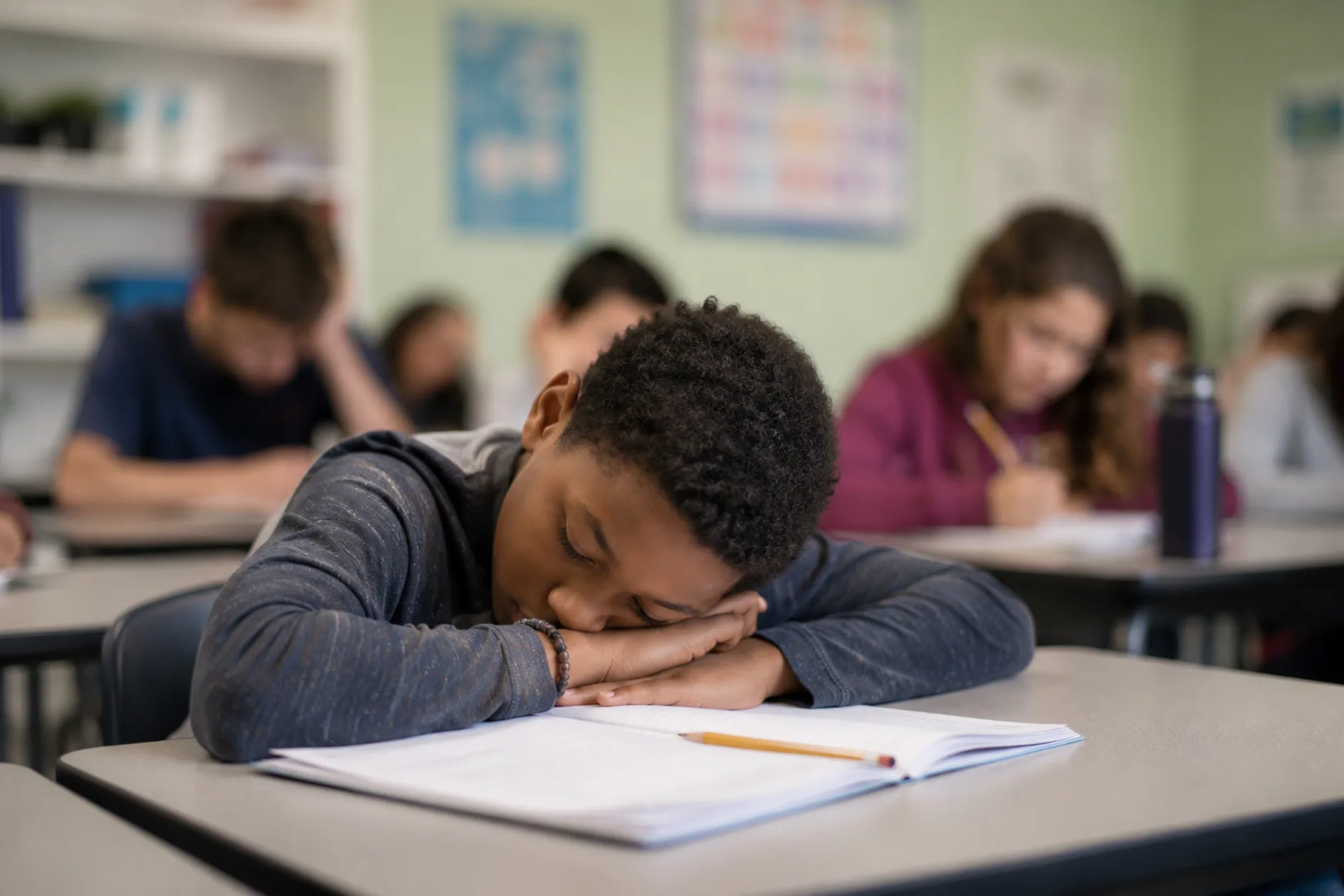 A student asleep on his desk in a full classroom